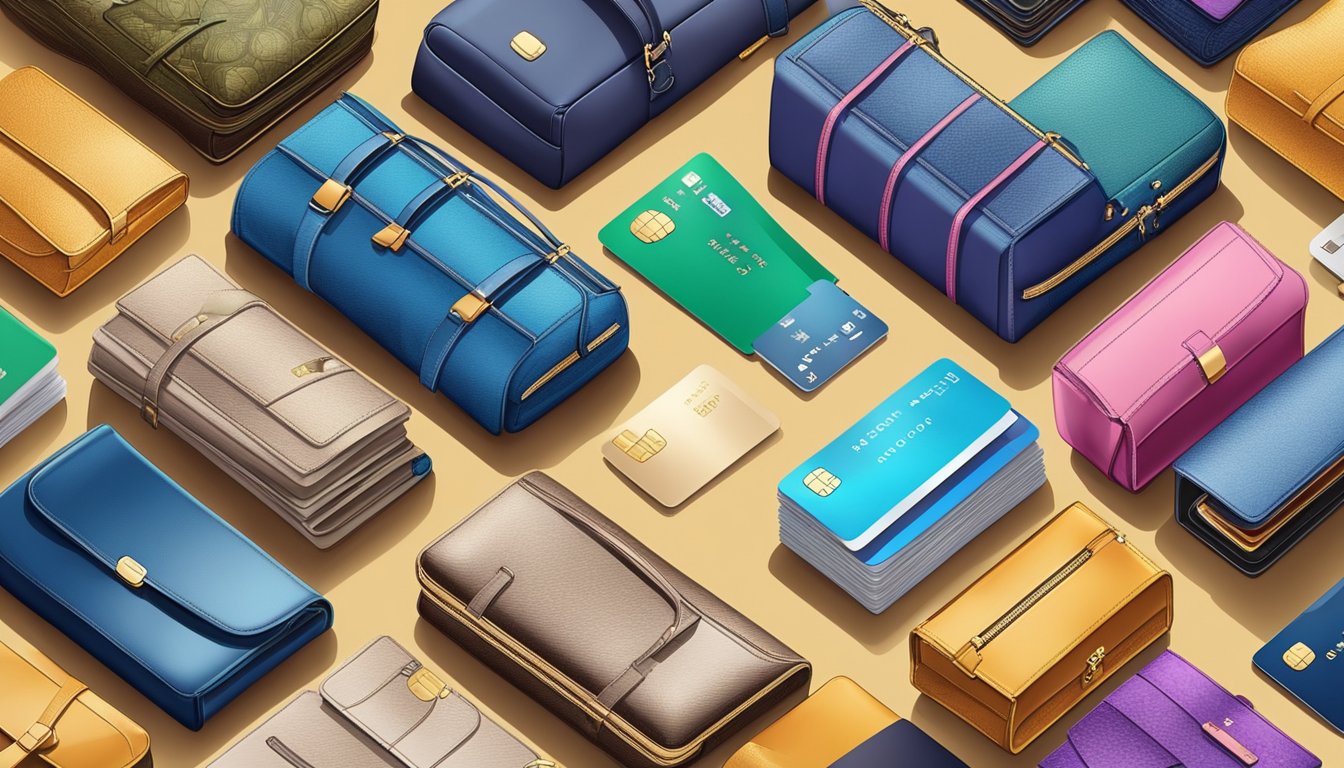 A stack of credit cards with various designs and colors, surrounded by luxury items such as designer bags, high-end electronics, and exotic travel brochures