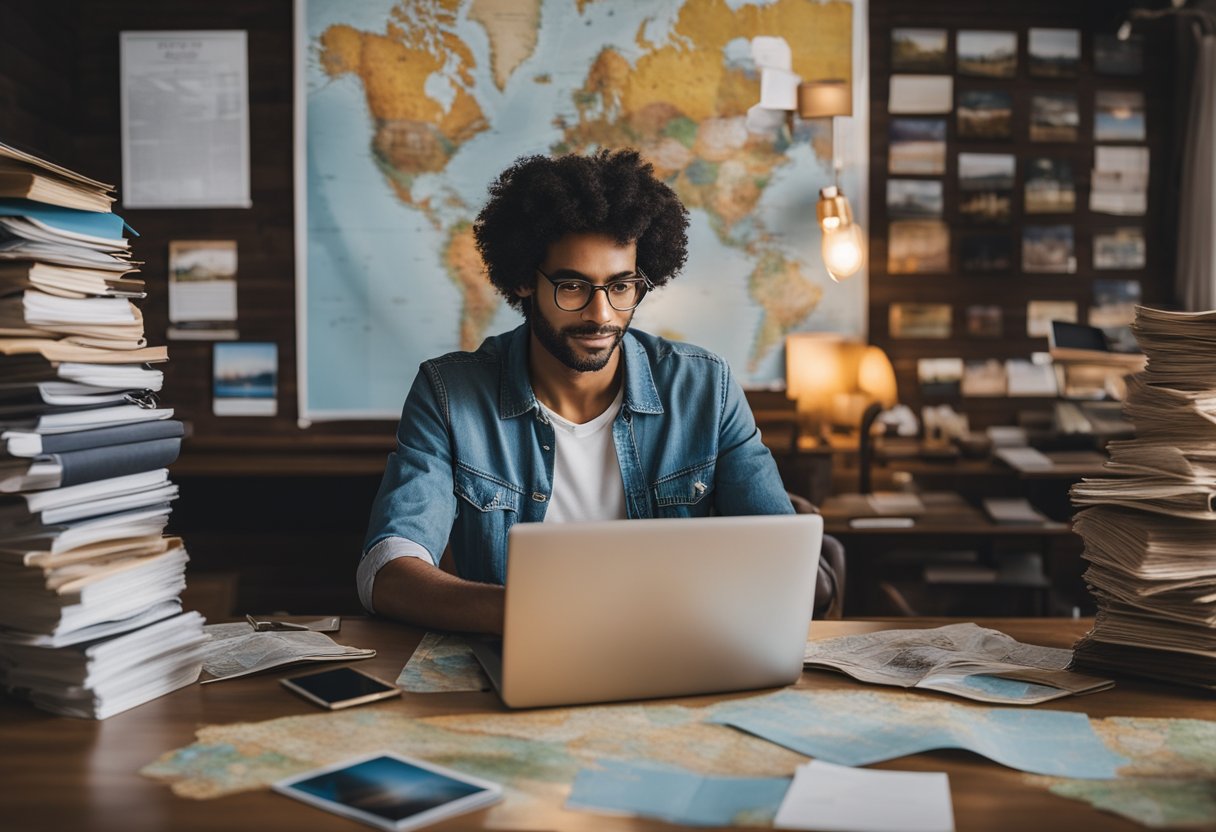 A traveler sits at a desk, typing on a laptop surrounded by maps, postcards, and travel guides. The room is filled with wanderlust and adventure, inspiring the creation of a travel blog