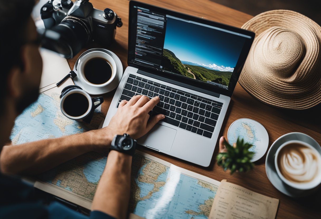 A traveler creating a travel blog with a laptop, camera, and map on a desk, surrounded by travel books and souvenirs