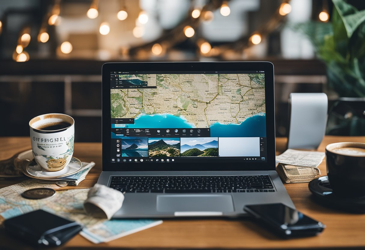 A laptop surrounded by travel souvenirs, maps, and a camera. A cup of coffee sits nearby as the blogger types on the keyboard, creating and monetizing their travel blog