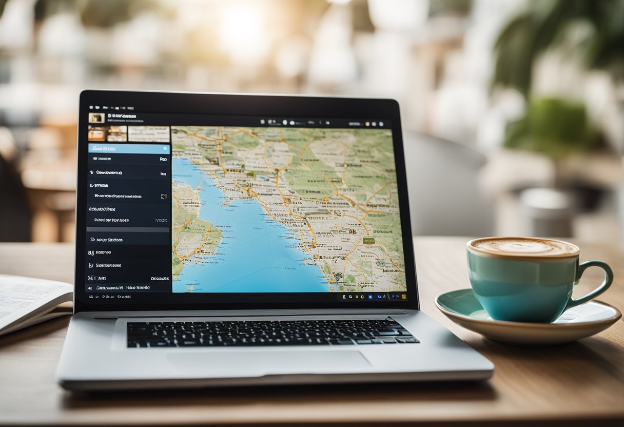 A laptop open on a table with a map, camera, and notebook. The screen displays a travel blog homepage with colorful photos and engaging content