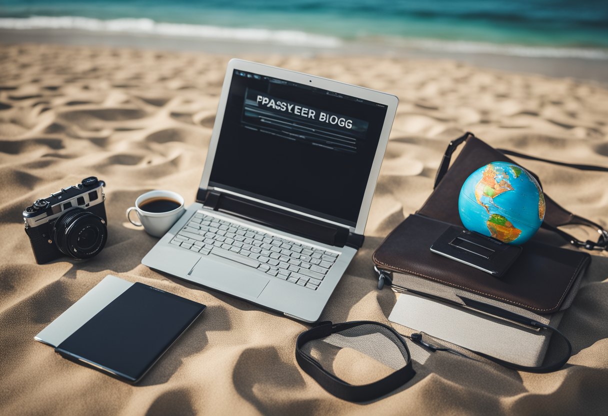 A traveler's blog with a globe, camera, and laptop. A passport and map on the table. A beach scene on the laptop screen