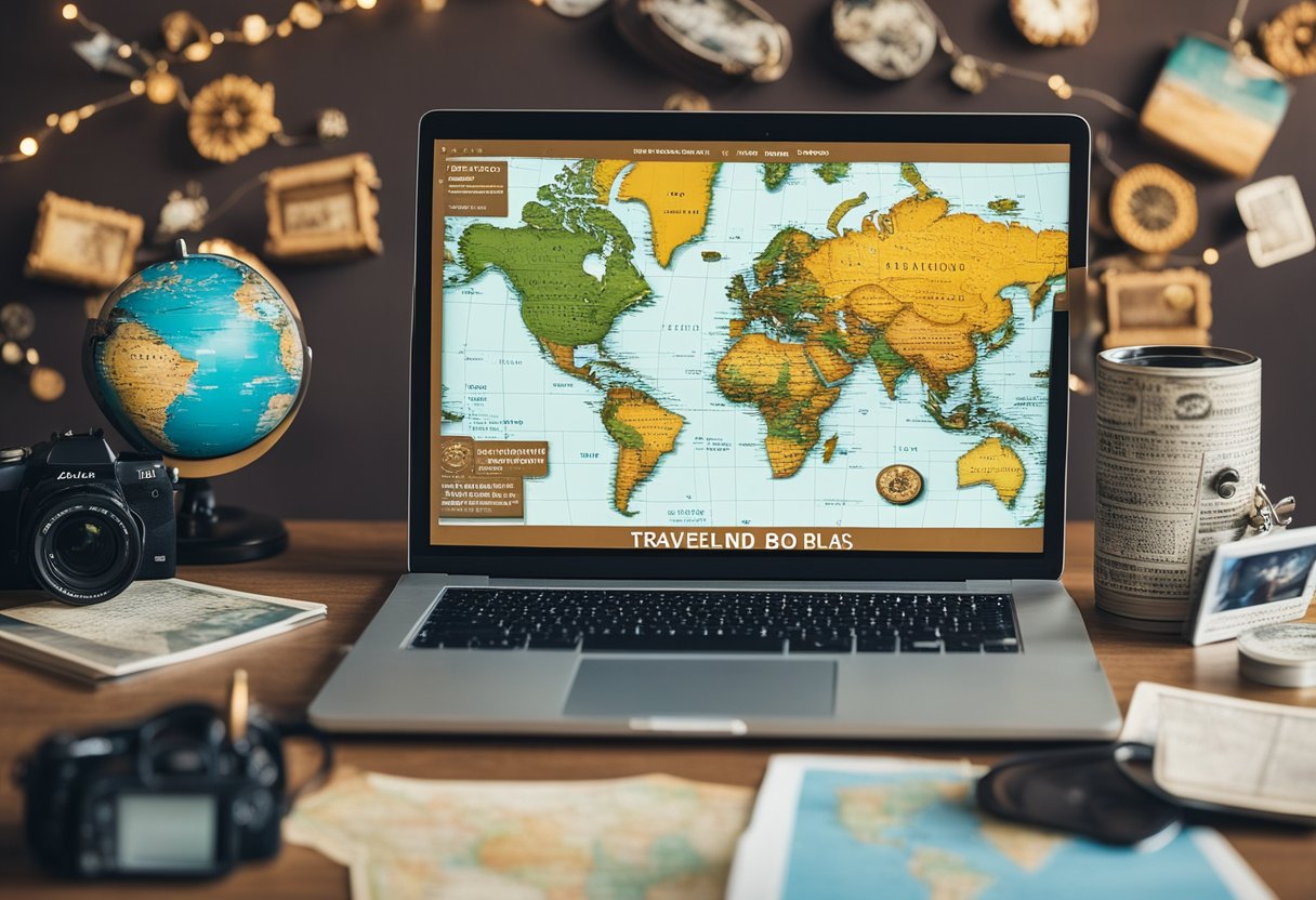 A traveler's blog post on a laptop, surrounded by travel souvenirs and a world map on the wall