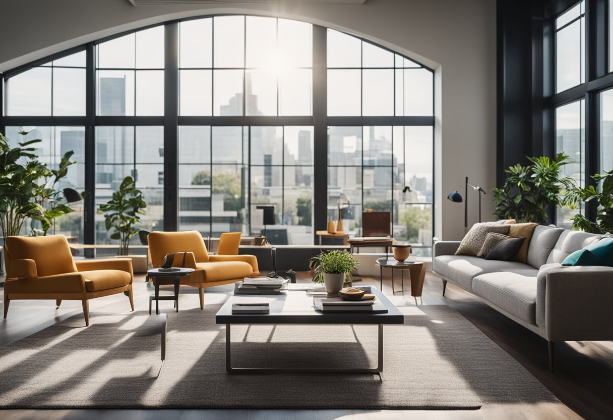 A modern living room with sleek furniture, a pop of color, and natural light streaming in through large windows