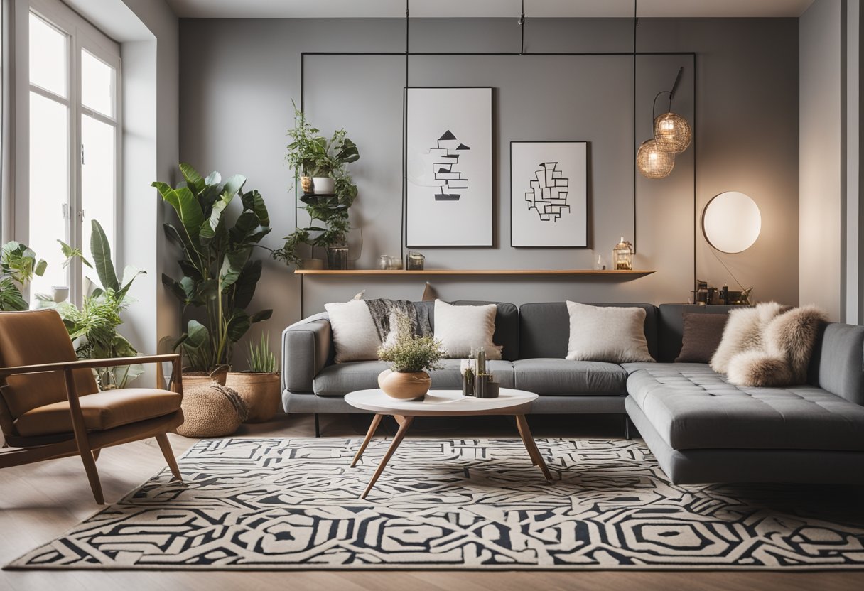 A stylish living room with modern furniture, plants, and a cozy reading nook, adorned with a geometric rug and abstract wall art