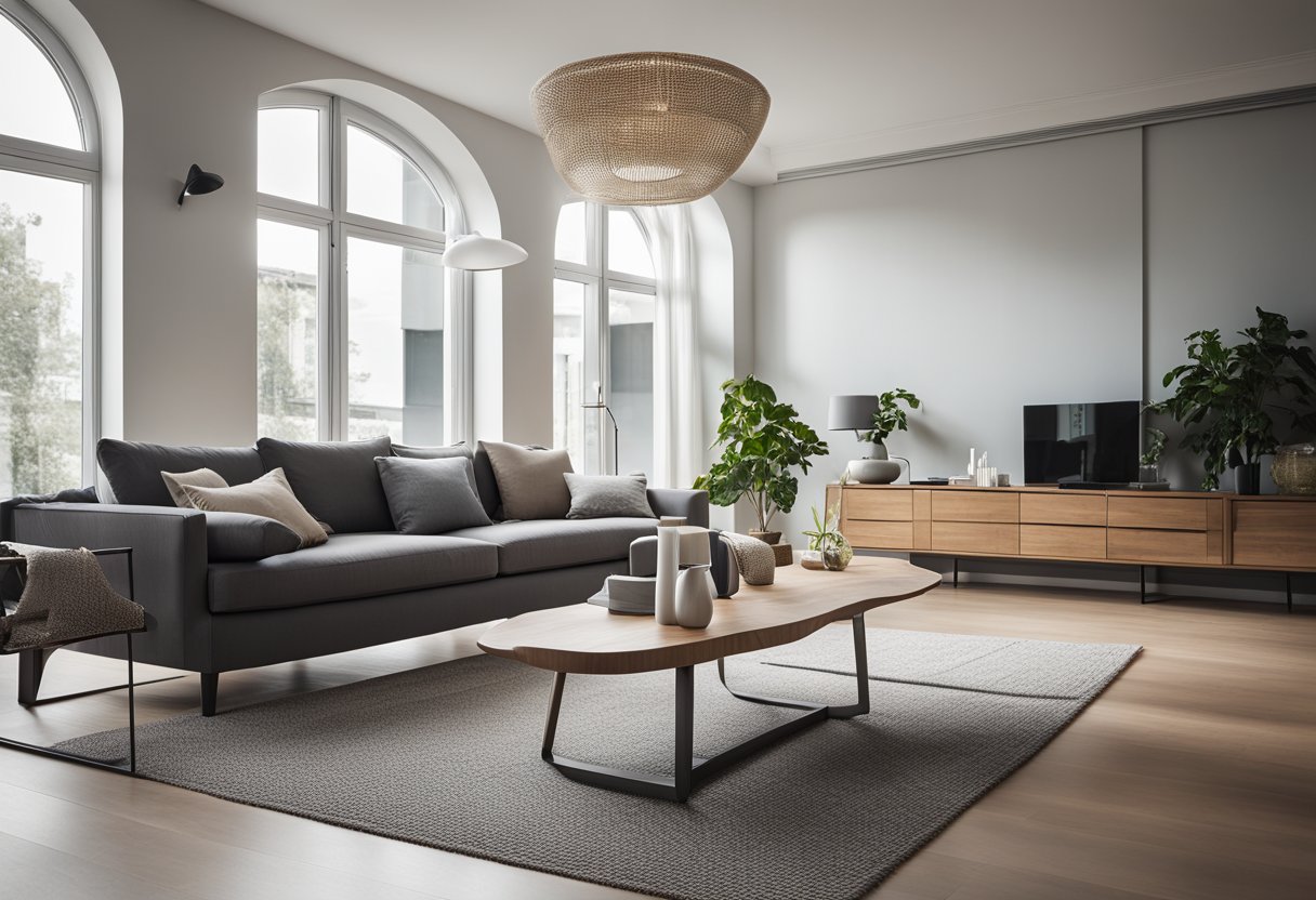 A spacious living hall with modern furniture, a cozy sofa, elegant coffee table, and soft rug. Large windows let in natural light, highlighting the stylish decor and creating a welcoming atmosphere