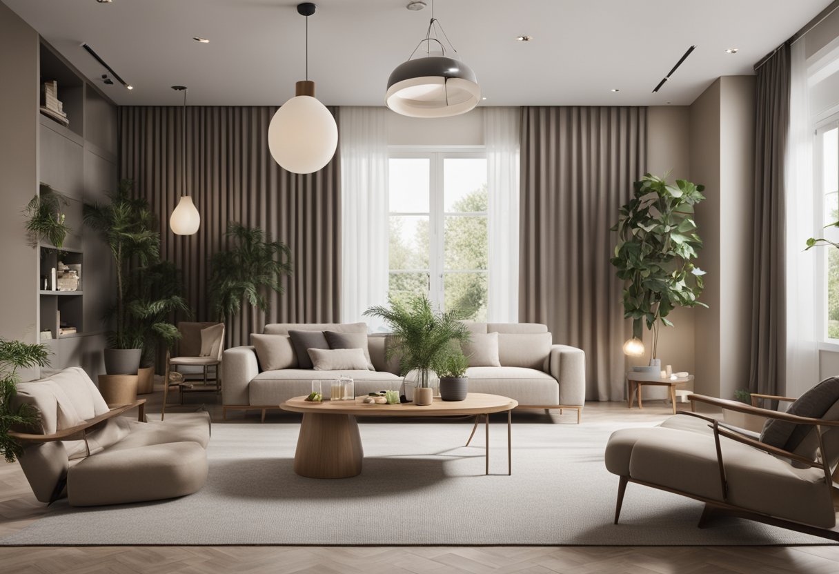 A spacious living hall with modern furniture, soft lighting, and a cozy ambiance. Neutral colors dominate the room, with touches of greenery and natural textures for a calming, inviting atmosphere
