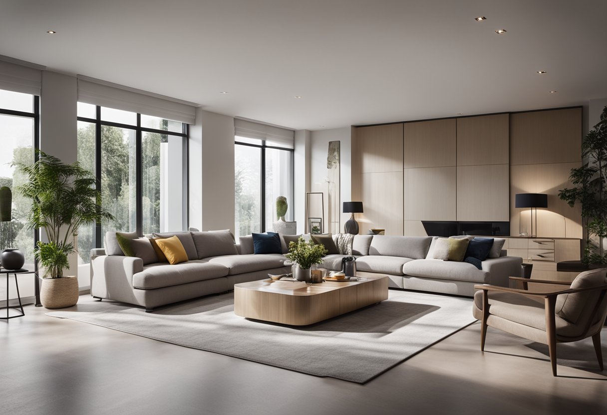 A spacious living hall with a modern, minimalist design. Large windows let in natural light, illuminating the sleek furniture and accent pieces. The color scheme is neutral with pops of bold color in the decor