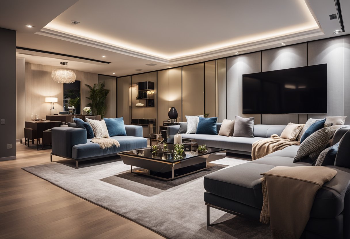 A spacious living hall with modern furniture, warm lighting, and a cozy atmosphere. A large, inviting sofa sits in the center, surrounded by stylish decor and a sleek entertainment center