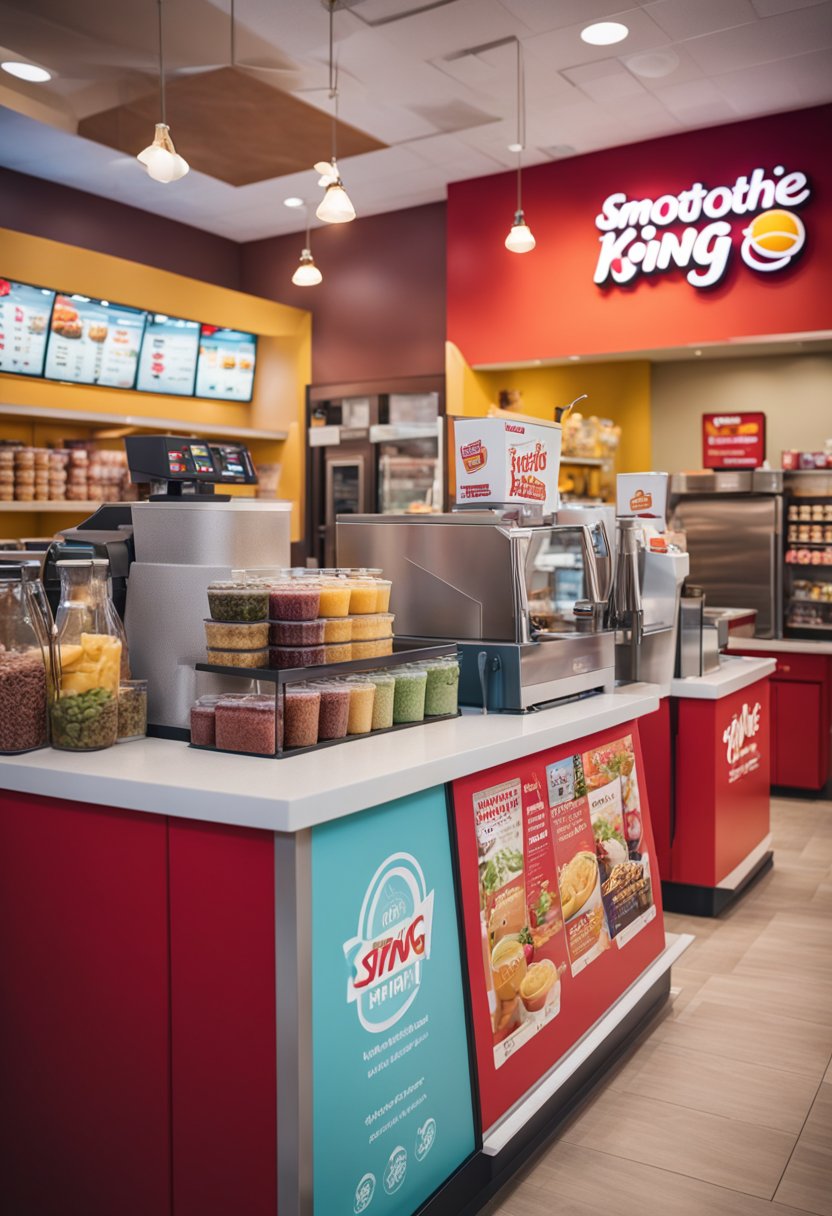 A bustling Smoothie King store in Waco, with vibrant signage and a line of customers. Smoothie makers blend colorful ingredients behind the counter