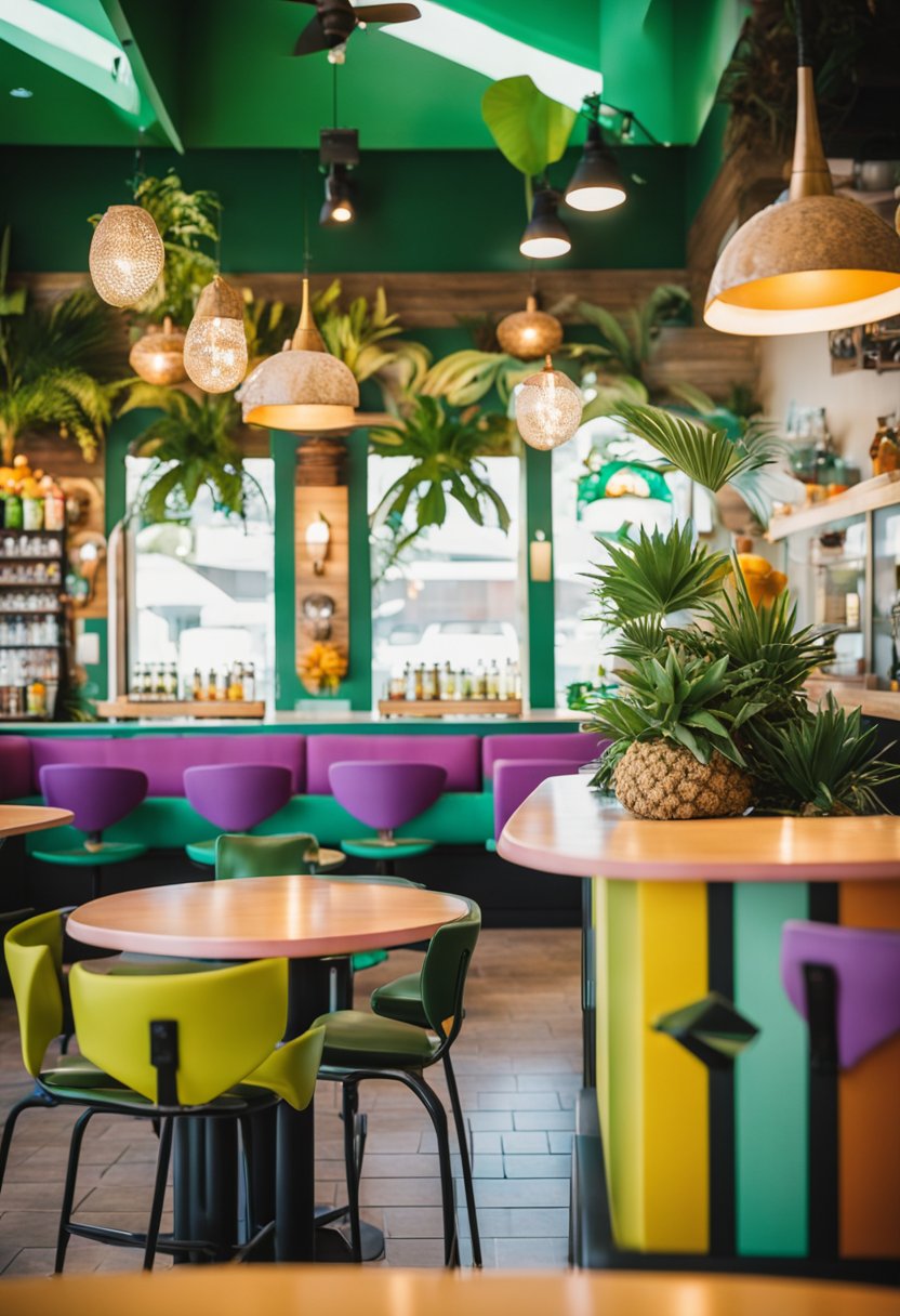 A vibrant Tropical Smoothie Cafe with colorful smoothie spots and lush tropical decor in Waco