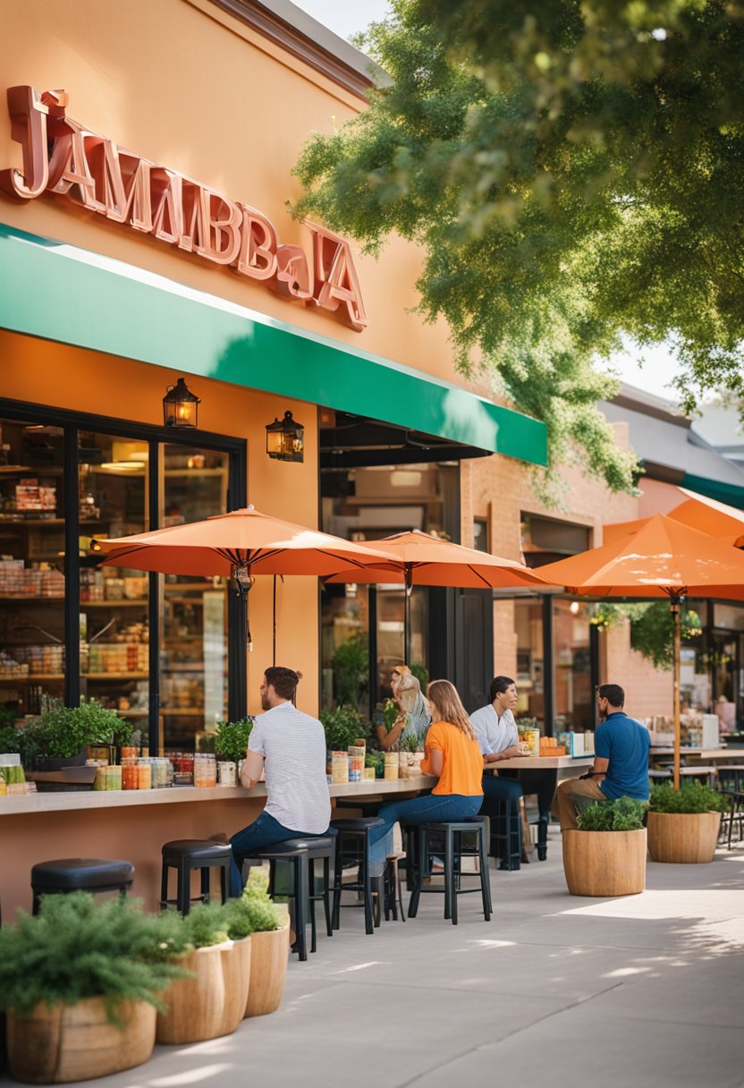 A colorful Jamba Smoothie shop in Waco, with a vibrant storefront and a line of customers. Outdoor seating and lush greenery add to the inviting atmosphere