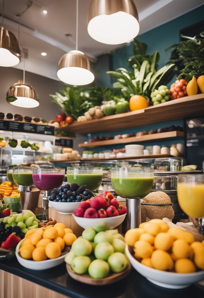A vibrant, bustling smoothie shop with colorful bowls and fresh fruit displays, customers enjoying their healthy treats in a cozy, inviting atmosphere