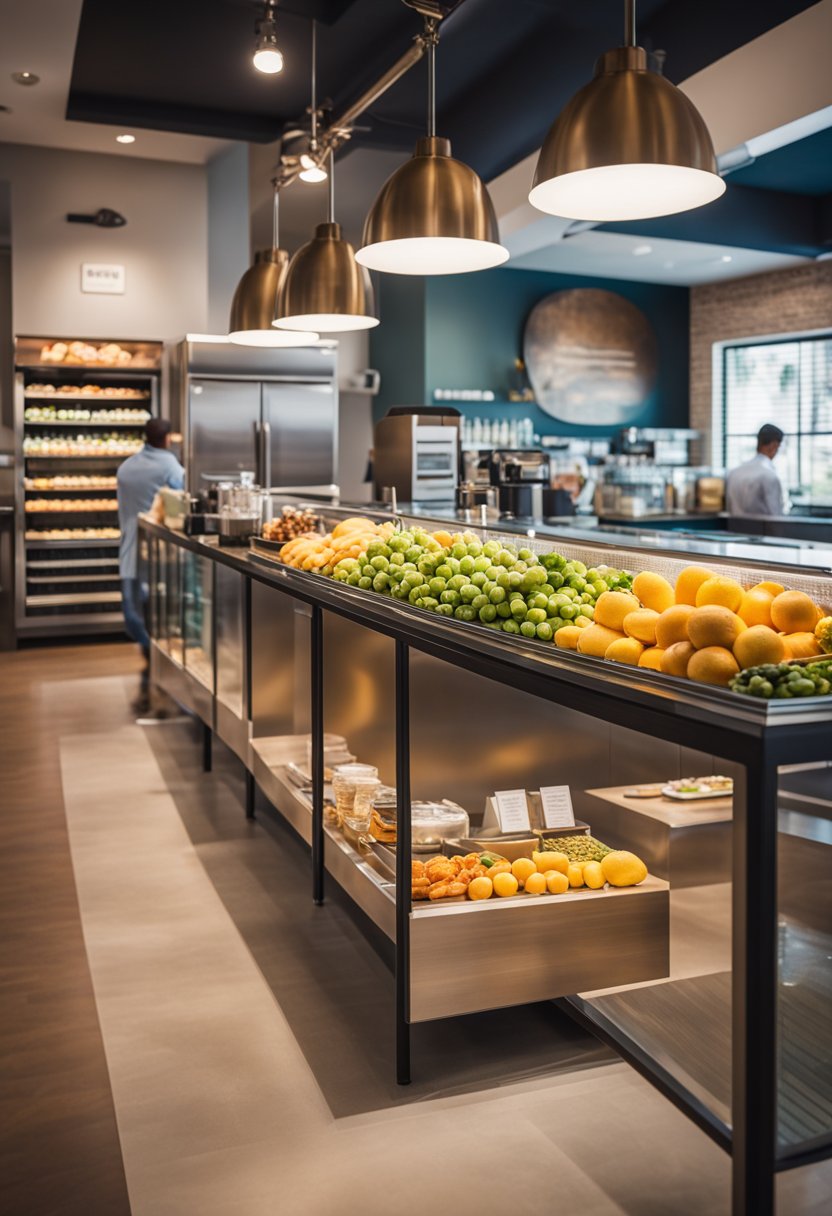 A bustling smoothie bar with vibrant fruits, sleek countertops, and a menu board filled with colorful, nutritious options. Customers chat and sip in a bright, inviting space