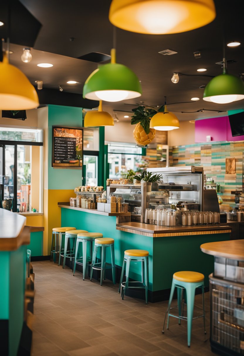 A vibrant Bahama Buck Smoothie shop in Waco, with colorful decor and a line of customers eagerly waiting for their refreshing drinks