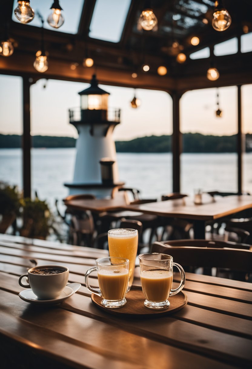 A cozy cafe with a lighthouse-themed decor, serving coffee, wine, and smoothies. Outdoor seating available with a view of the river