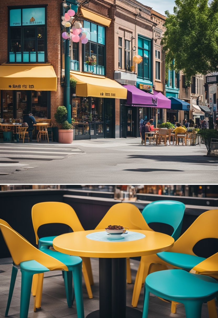 A bustling street corner with colorful storefronts, featuring "1102 Bubble Tea & Coffee Smoothie Spots" in bold lettering. Tables and chairs outside invite customers to relax and enjoy their drinks