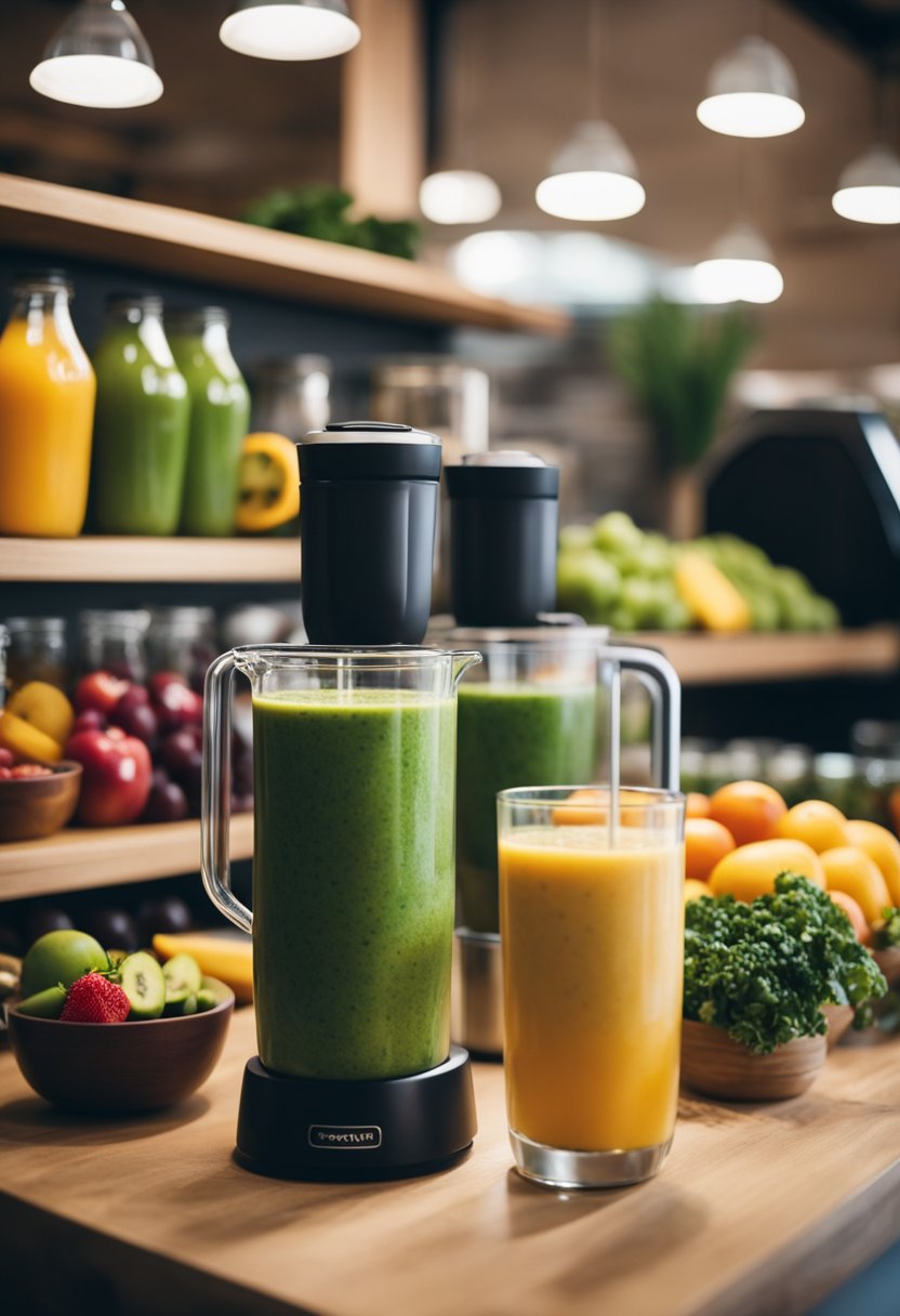 A vibrant smoothie bar with colorful fruits, leafy greens, and a variety of healthy ingredients displayed on shelves. A blender whirs in the background as a fresh smoothie is being prepared