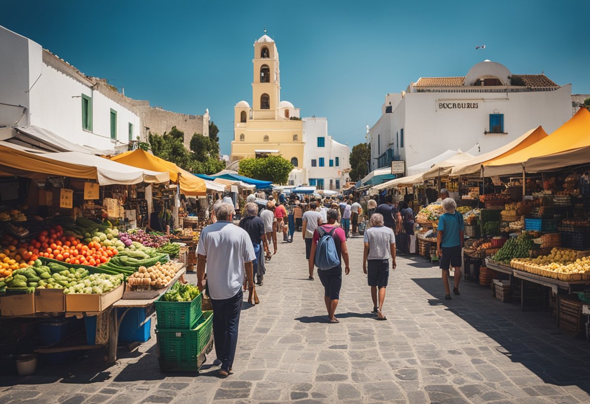 The bustling market in Kos Town is filled with colorful stalls and lively vendors, offering a variety of fresh produce, local crafts, and delicious street food
