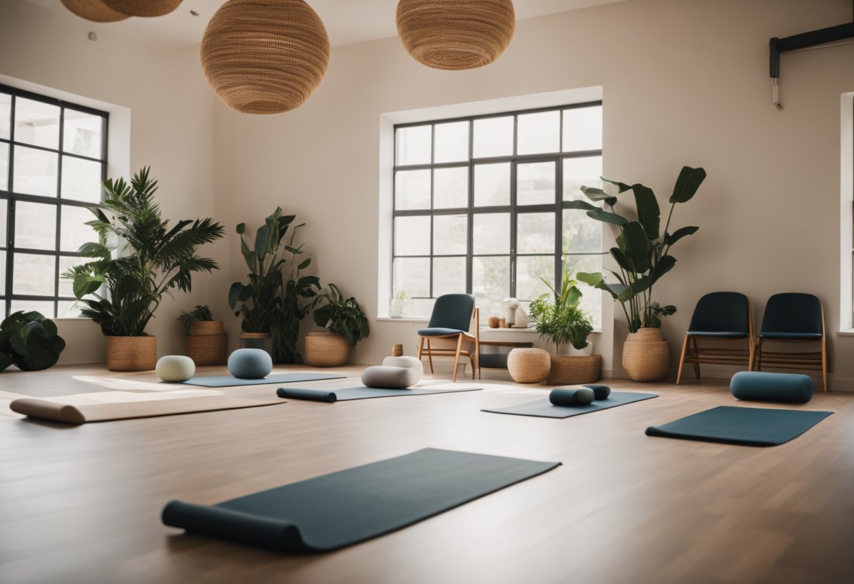 A serene yoga studio with mats and props arranged for a weight loss class. Soft lighting and calming decor create a peaceful atmosphere