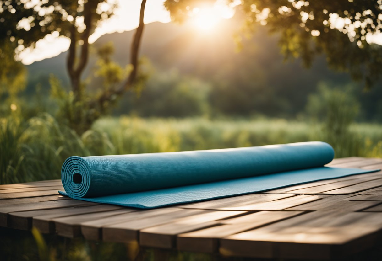 A serene setting with a yoga mat surrounded by nature, with the sun rising or setting in the background. The focus is on the peaceful and meditative atmosphere, with no human presence