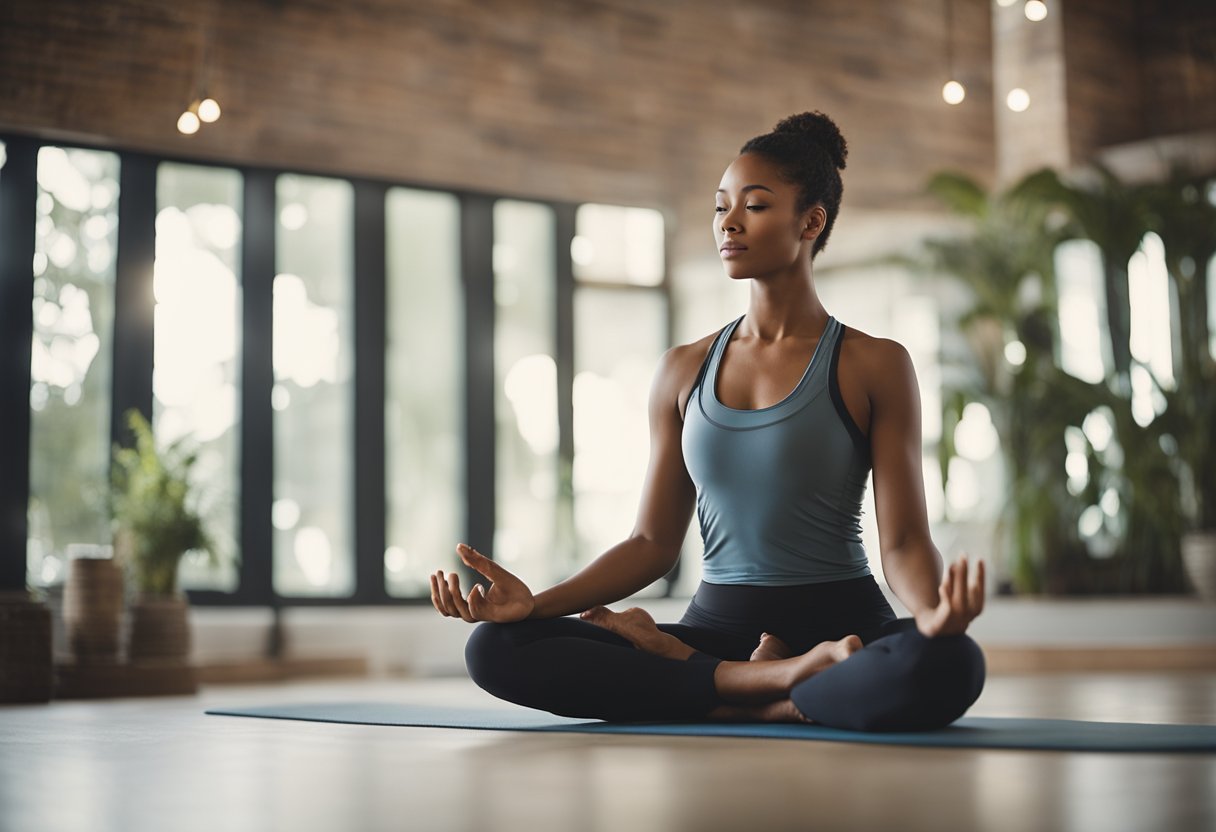 A serene yoga studio with soft lighting and calming music. A person in yoga attire practicing various poses with a sense of peace and focus