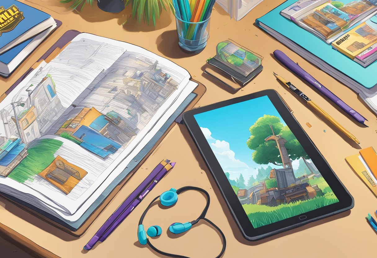 A cluttered desk with Fortnite books and drawing materials scattered about, a tablet displaying the cover of "The Chronicle Annual 2021," and a stack of "How to Draw Fortnite" books