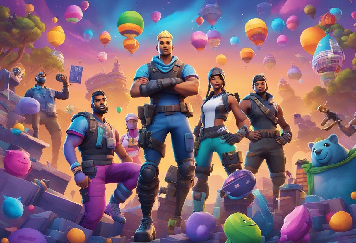 A colorful 2020 calendar featuring iconic Fortnite characters and scenes from the game, surrounded by various Fortnite books