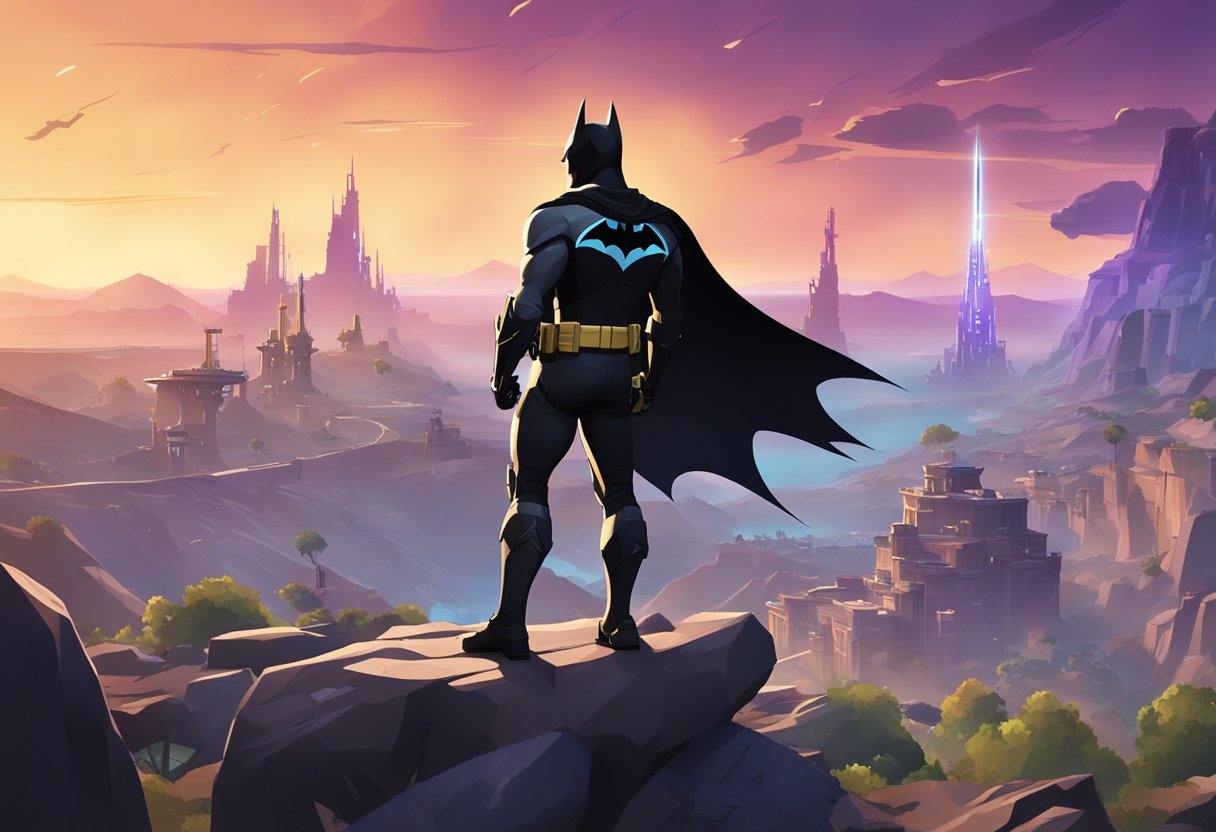 The dark silhouette of Batman stands on a rocky, desolate landscape surrounded by the iconic structures of Fortnite, with the Zero Point energy crackling in the sky above