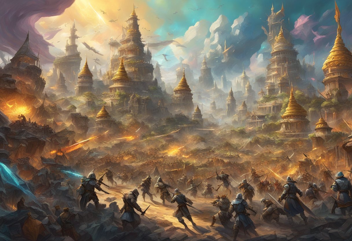 A chaotic battlefield with towering structures, colorful weapons, and intense combatants in a vibrant, fantastical world