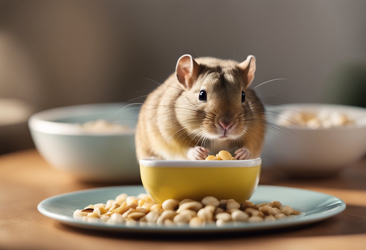 A gerbil nibbles on rabbit food in a small dish