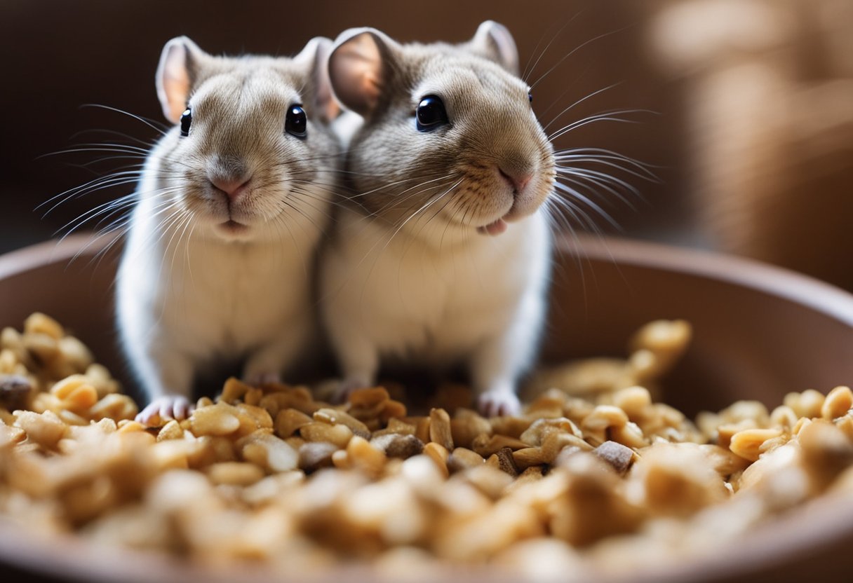 Gerbils surround a bowl of rabbit food, sniffing and nibbling cautiously. Some appear curious, while others seem disinterested