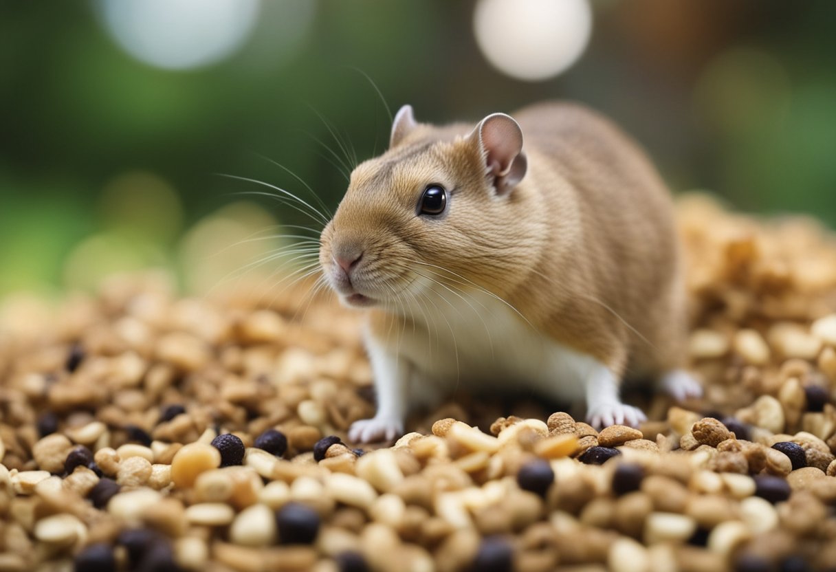 Gerbils cautiously approach a pile of rabbit food, sniffing and nibbling tentatively. A sign nearby lists potential risks and considerations