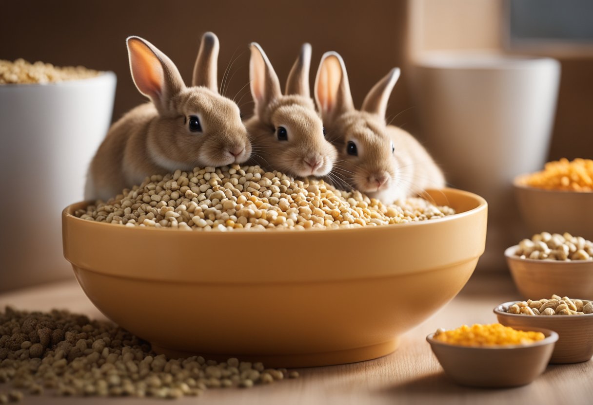 A pile of rabbit food sits in a bowl, surrounded by curious gerbils sniffing and nibbling at the pellets