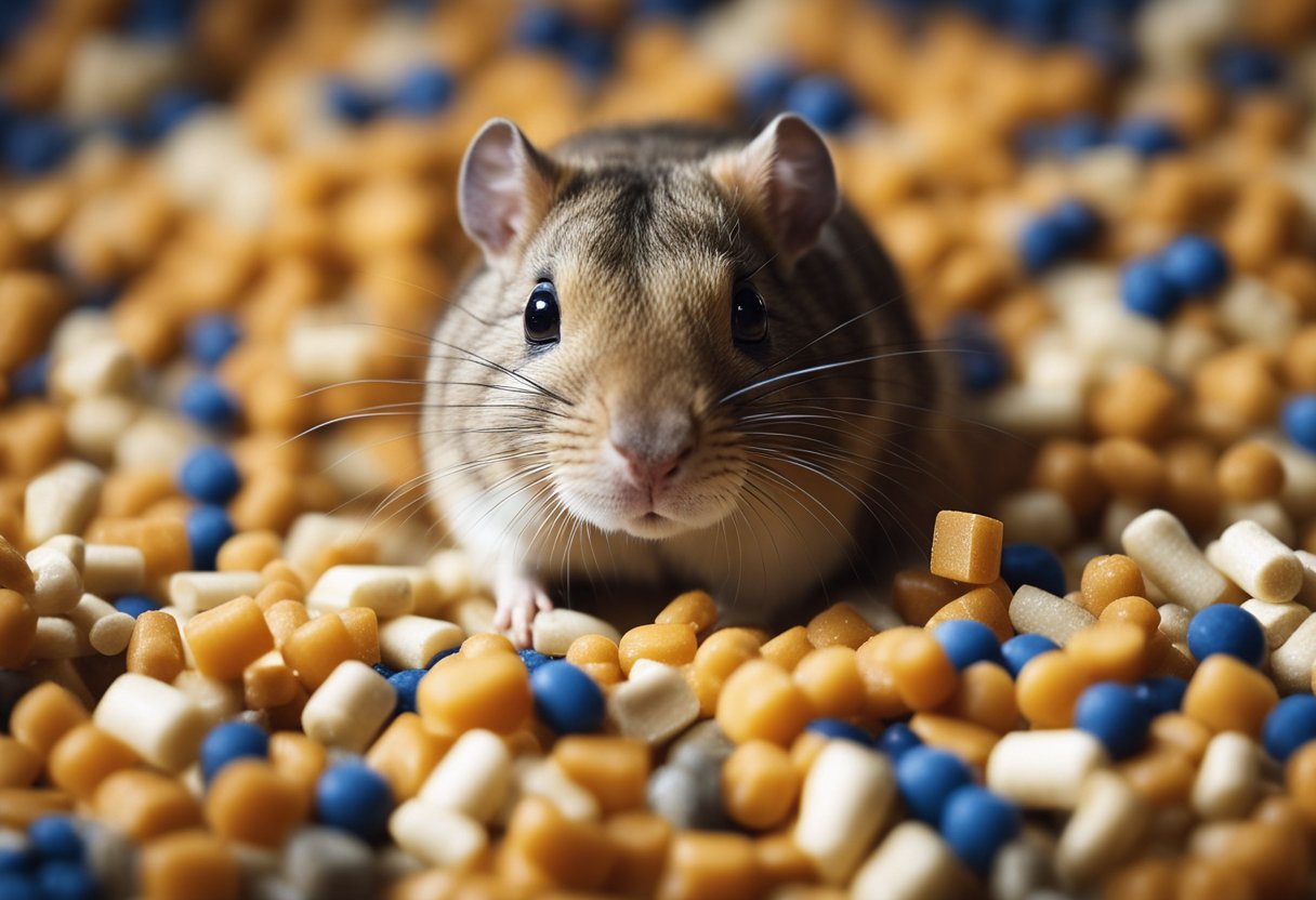 A gerbil nibbles on rabbit food, surrounded by scattered pellets and a curious expression