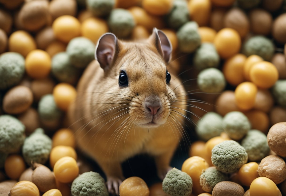 A gerbil is surrounded by a pile of rabbit food, with a curious expression as it sniffs and nibbles at the food