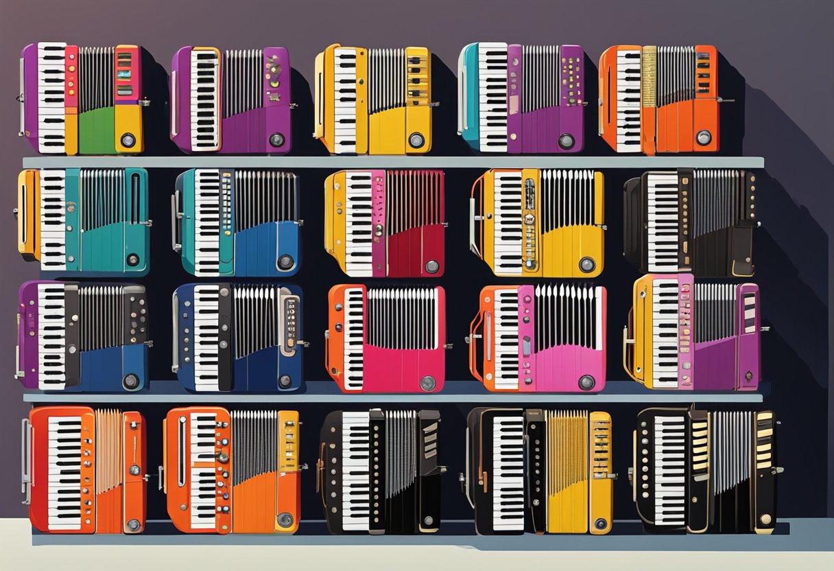 A colorful array of accordions of different sizes and designs displayed in a music store, with a helpful guidebook titled "Definitive Guide for Beginners on the Accordion: How to Choose the Ideal Accordion" placed prominently on a stand