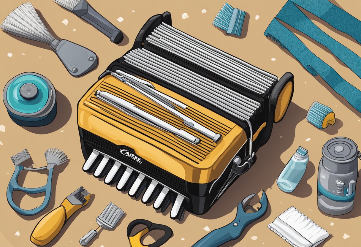 A brand new accordion sits on a wooden table, surrounded by a variety of tools and cleaning supplies. A guidebook titled "Care and Basic Maintenance: The Ultimate Guide for Beginner Accordionists" is open next to it