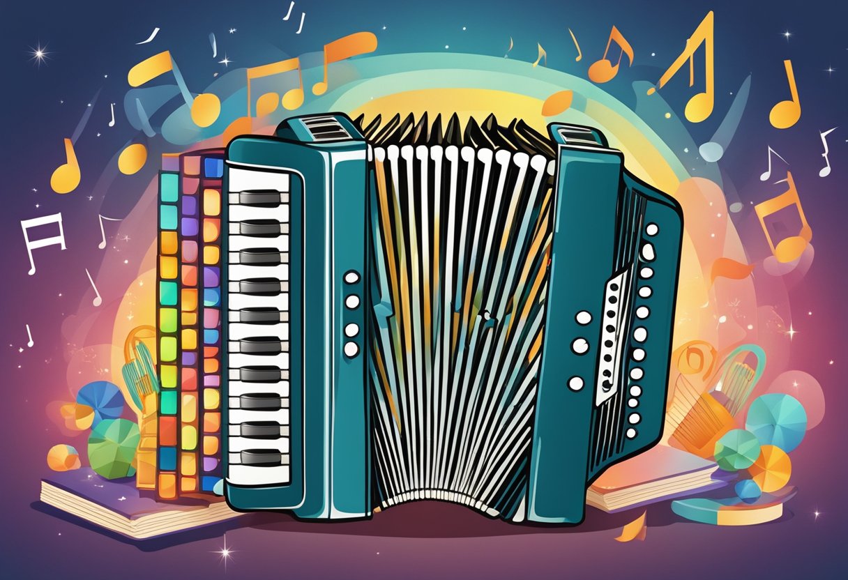 A colorful accordion guidebook surrounded by musical notes and instruments, with a spotlight shining on the title
