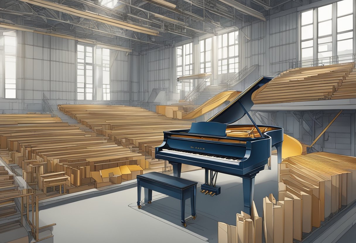 Raw materials transformed into piano parts, assembled in a factory, then transported to an auditorium for performance