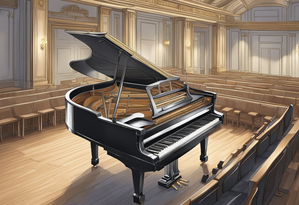 The piano assembly and finishing process, from raw materials to the concert hall, is depicted