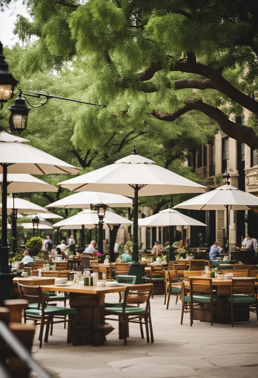 A bustling outdoor dining area in Waco, with colorful umbrellas, tables, and chairs set against a backdrop of historic buildings and lush greenery