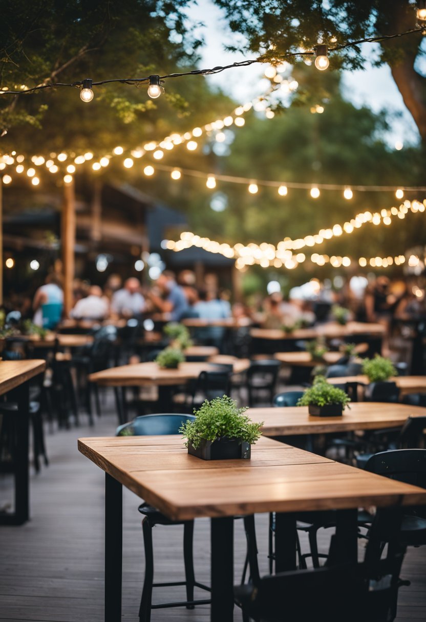 The outdoor dining area at the Backyard Bar Stage and Grill in Waco is filled with wooden tables and chairs, surrounded by lush greenery and twinkling string lights