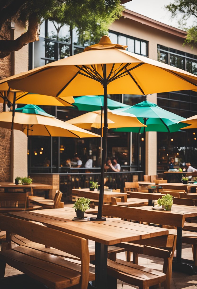 A bustling outdoor dining area at Fuego Tortilla Grill in Waco, with colorful umbrellas, wooden tables, and a lively atmosphere