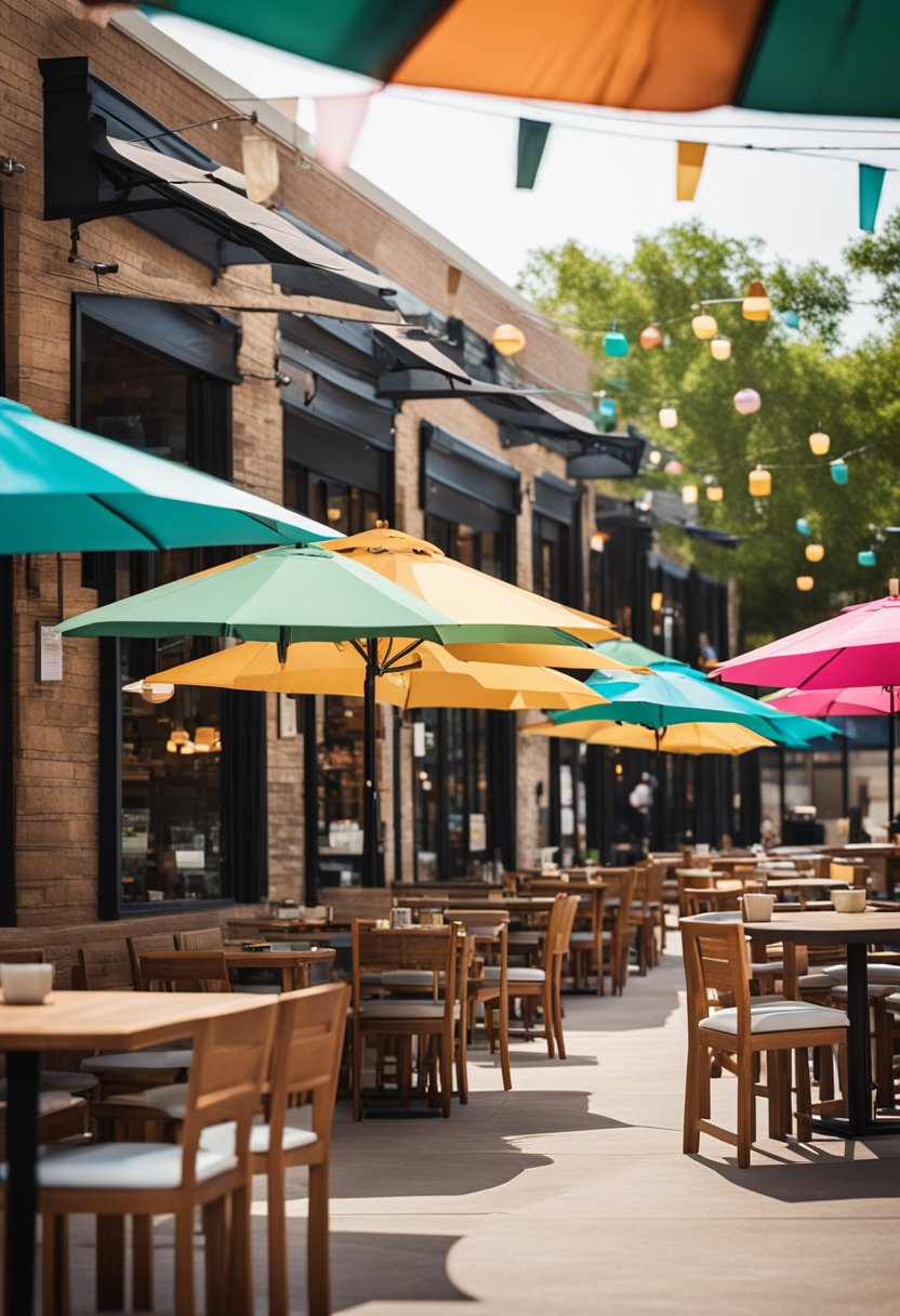 A bustling outdoor dining area at Brazos Bar & Bistro in Waco, with colorful umbrellas shading the tables and a lively atmosphere
