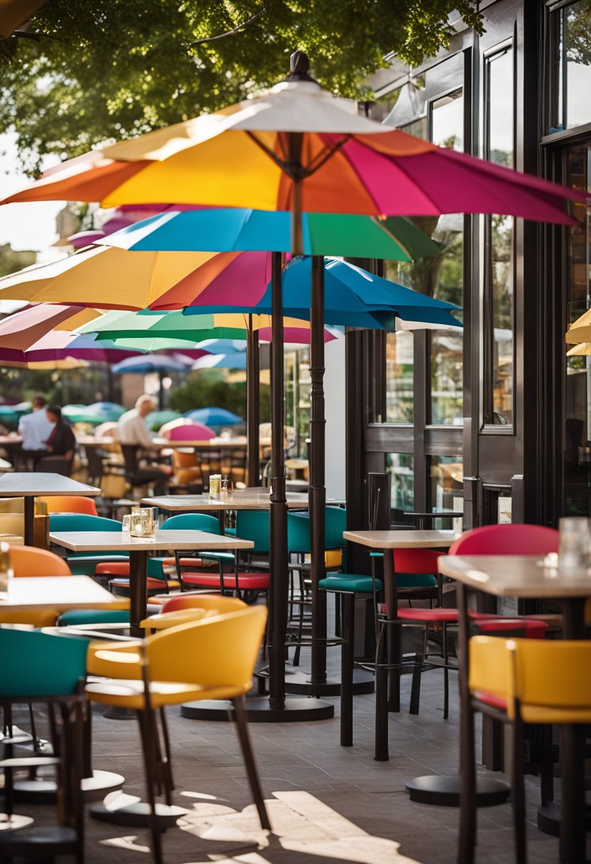 A lively outdoor dining area at George's Restaurant Bar & Catering in Waco, with colorful umbrellas, cozy seating, and a bustling atmosphere