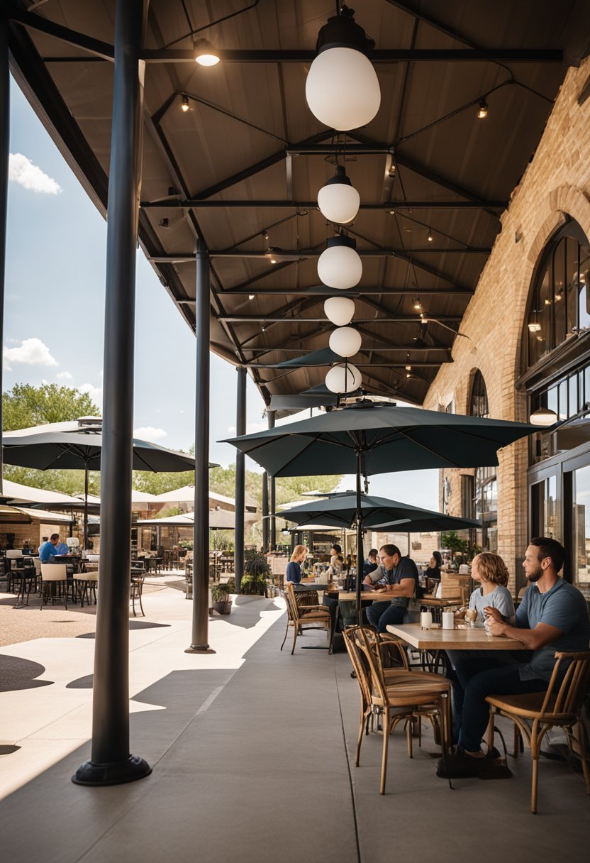 Customers enjoy outdoor dining at Silos Baking Co. in Waco, with tables and chairs set up under large umbrellas. The bakery's logo is prominently displayed on the building's exterior