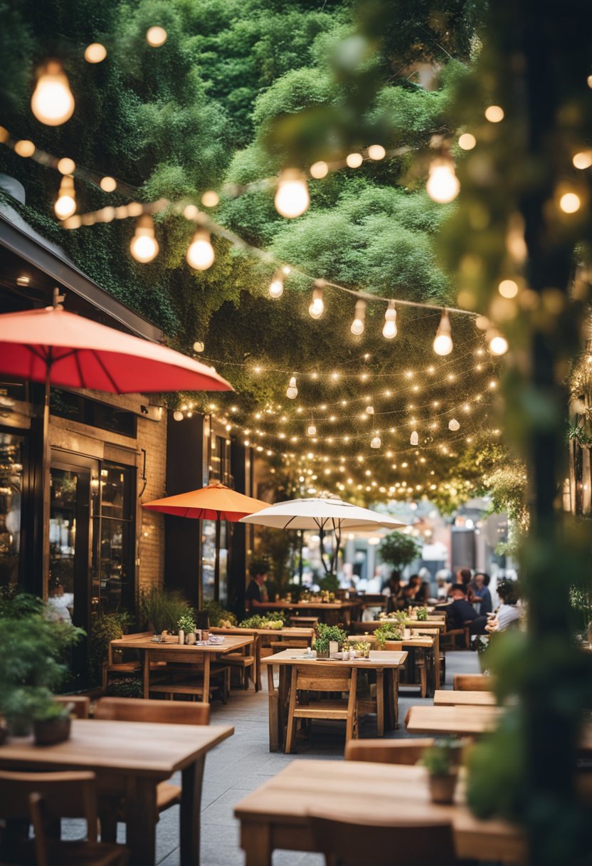 A bustling outdoor dining area with wooden tables, string lights, and colorful umbrellas. Lush greenery surrounds the space, creating a cozy and inviting atmosphere for patrons to enjoy their meals
