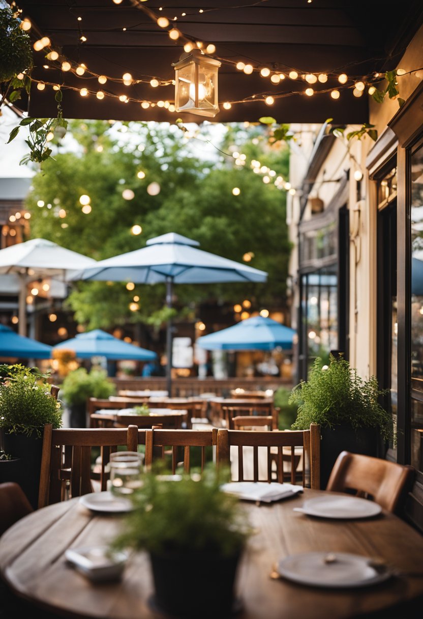 A bustling outdoor patio at Jake's Texas Tea House in Waco, with wooden tables, string lights, and potted plants creating a cozy and inviting atmosphere