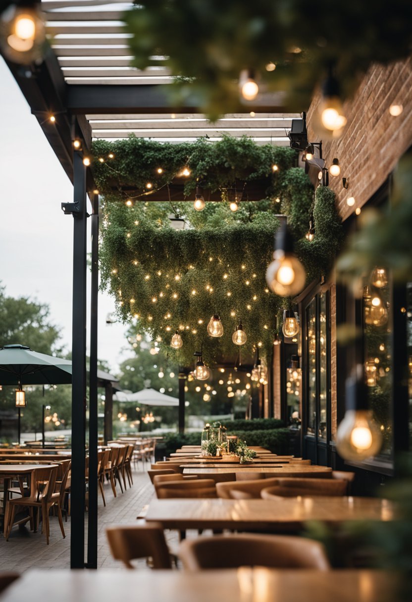 A charming outdoor dining area at Magnolia Table in Waco, with wooden tables, string lights, and lush greenery creating a cozy and inviting atmosphere